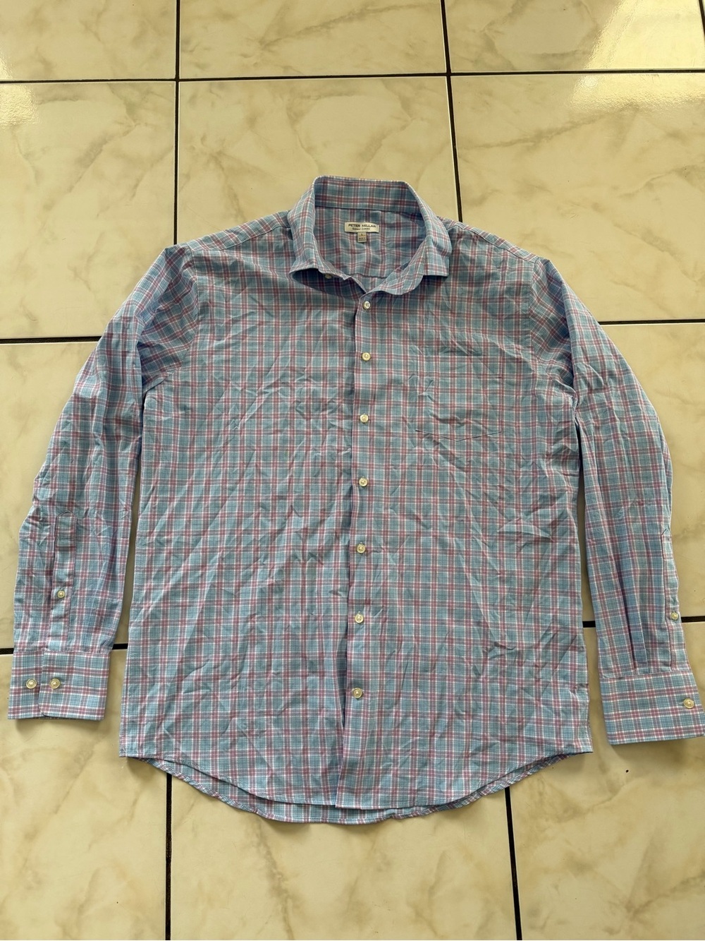 Peter Millar Summer Comfort Light Blue and Pink Plaid Dress Shirt